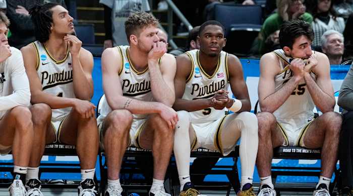 Purdue players look on during a loss to Fairleigh Dickinson.